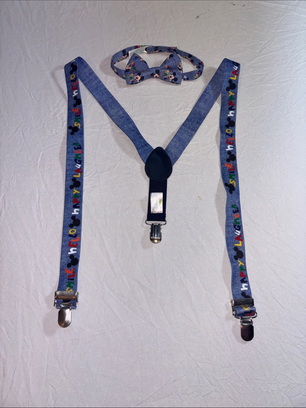 Disney babyBlue Denim-Look Suspenders and Bow Tie with Multicolor Mickey Accents
